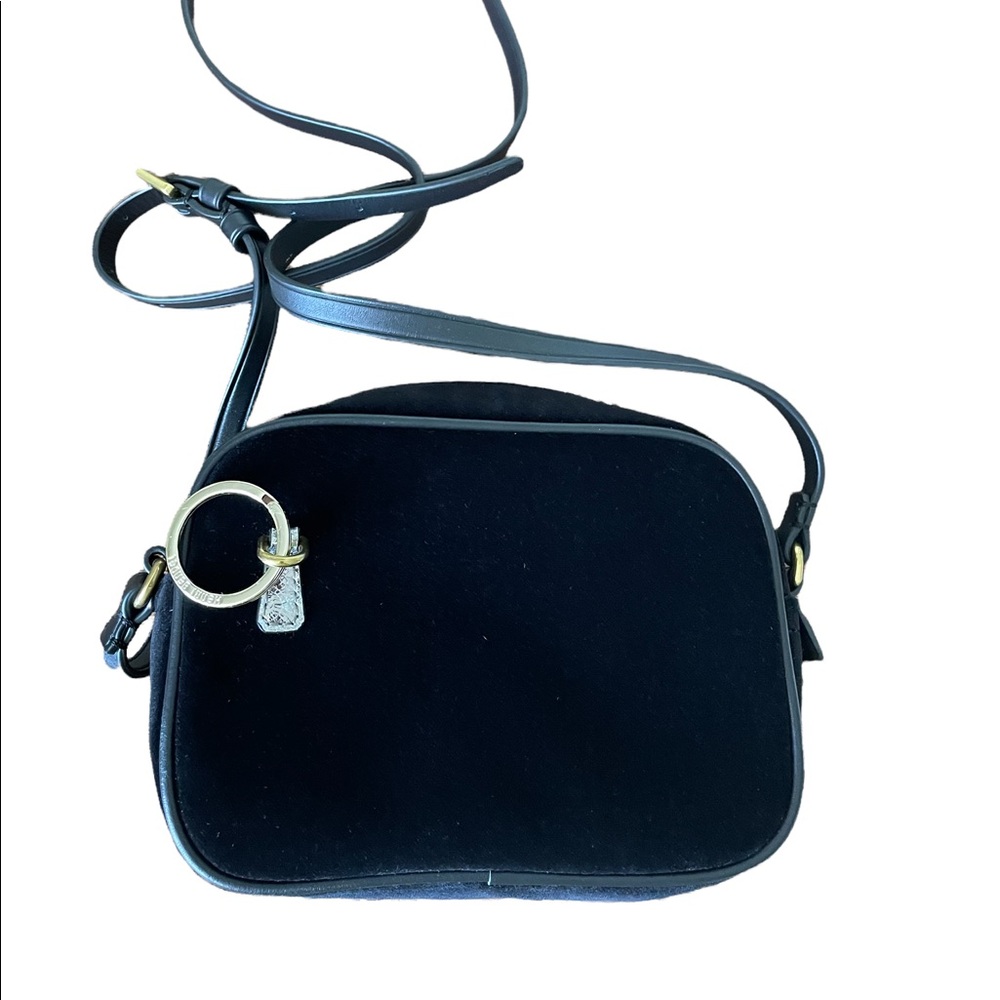 JCrew black velour purse. Almost new.  Black Leather Shoulder strap and lock.